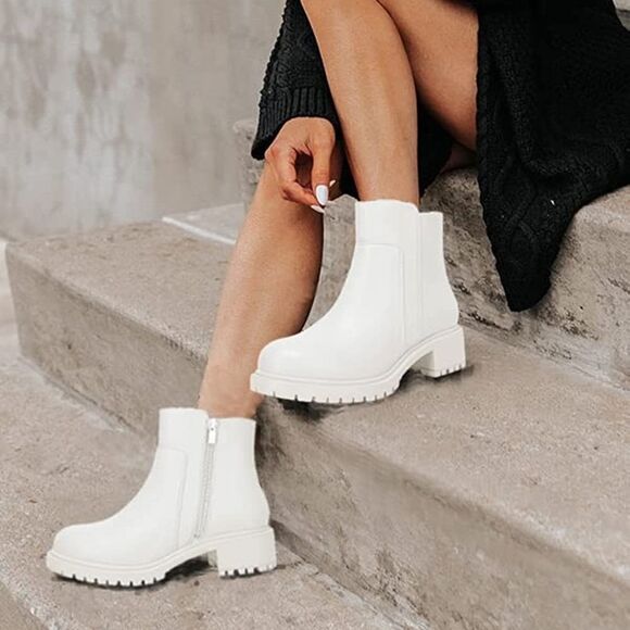 Lug Sole Ankle Booties Chunky Block Heel Round Toe Fall Winter Boots Shoes - Picture 1 of 6